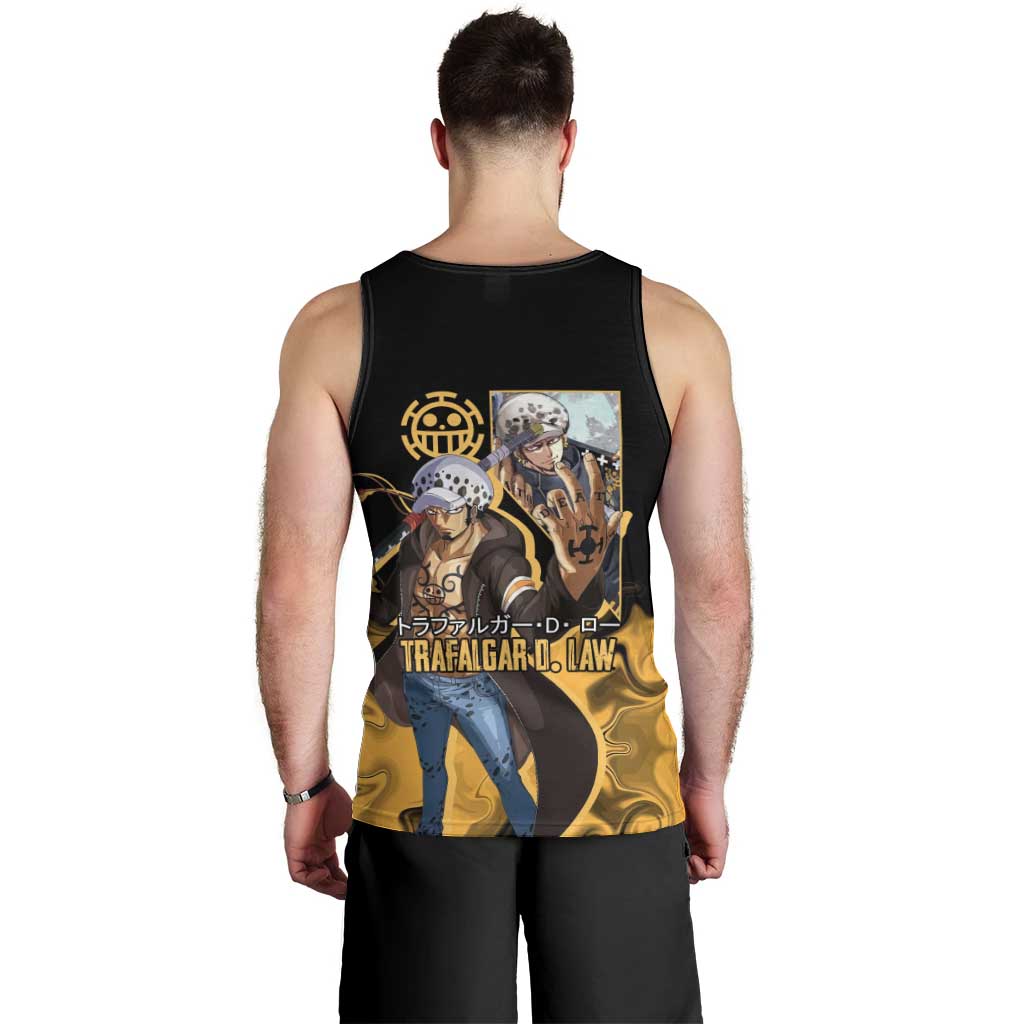 Trafalgar D. Law One Piece Black and Yellow Theme Men Tank Top with Heart Pirates Symbol and Flame Pattern Design - The Mazicc