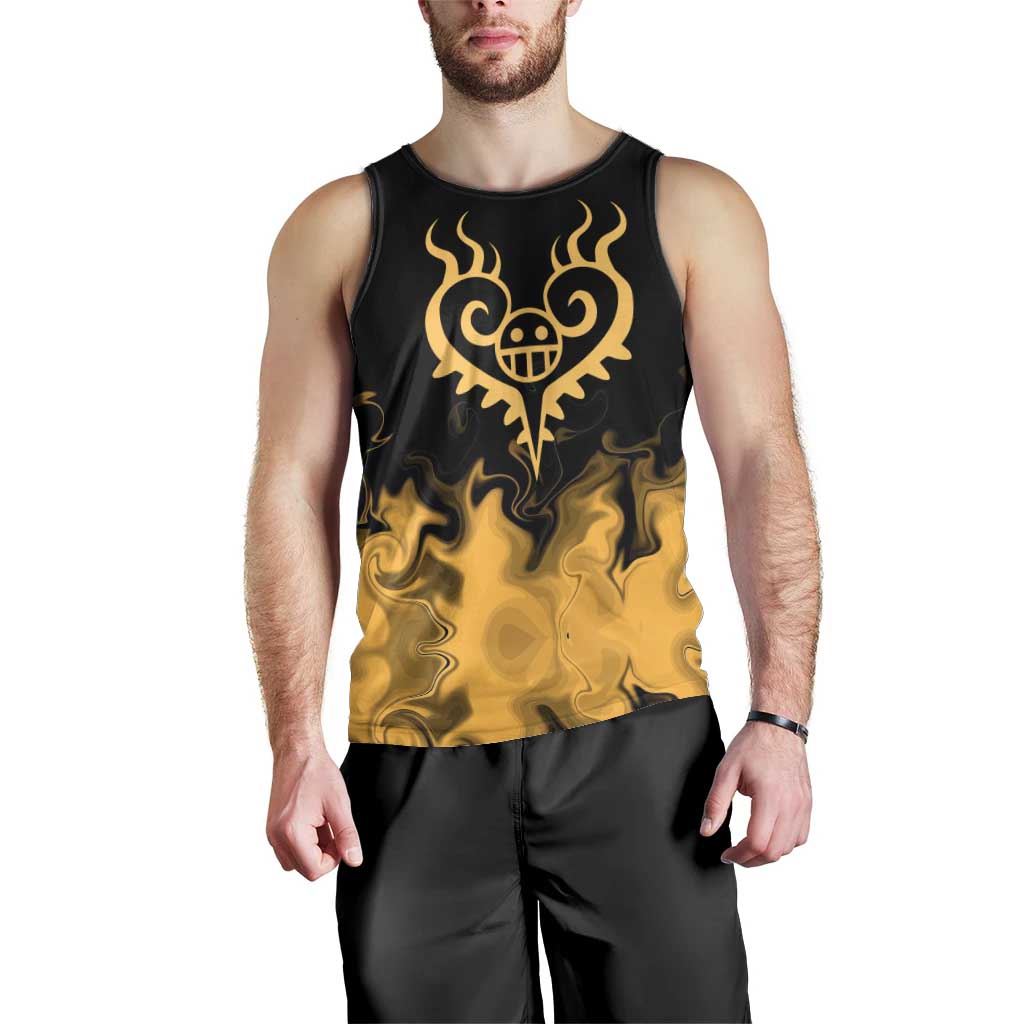 Trafalgar D. Law One Piece Black and Yellow Theme Men Tank Top with Heart Pirates Symbol and Flame Pattern Design - The Mazicc
