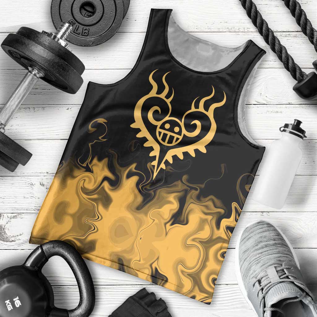 Trafalgar D. Law One Piece Black and Yellow Theme Men Tank Top with Heart Pirates Symbol and Flame Pattern Design - The Mazicc