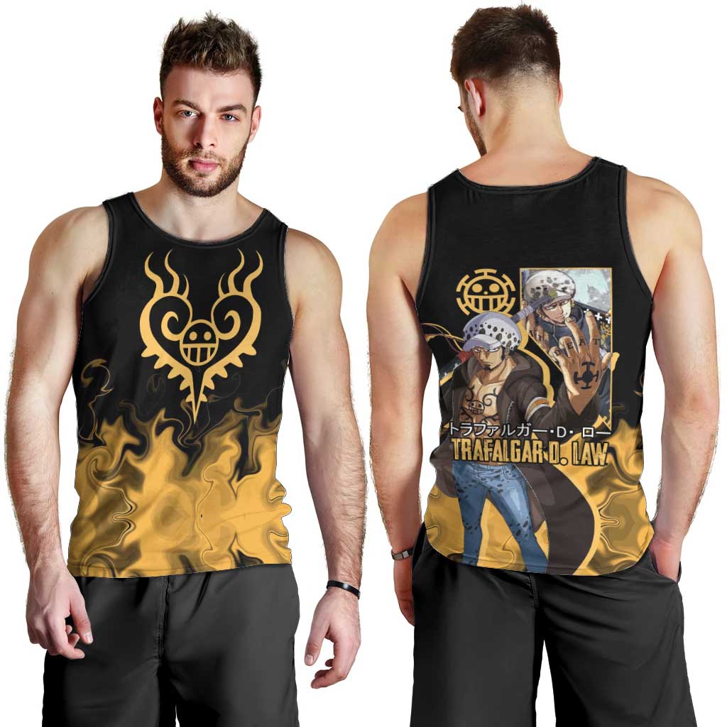 Trafalgar D. Law One Piece Black and Yellow Theme Men Tank Top with Heart Pirates Symbol and Flame Pattern Design - The Mazicc