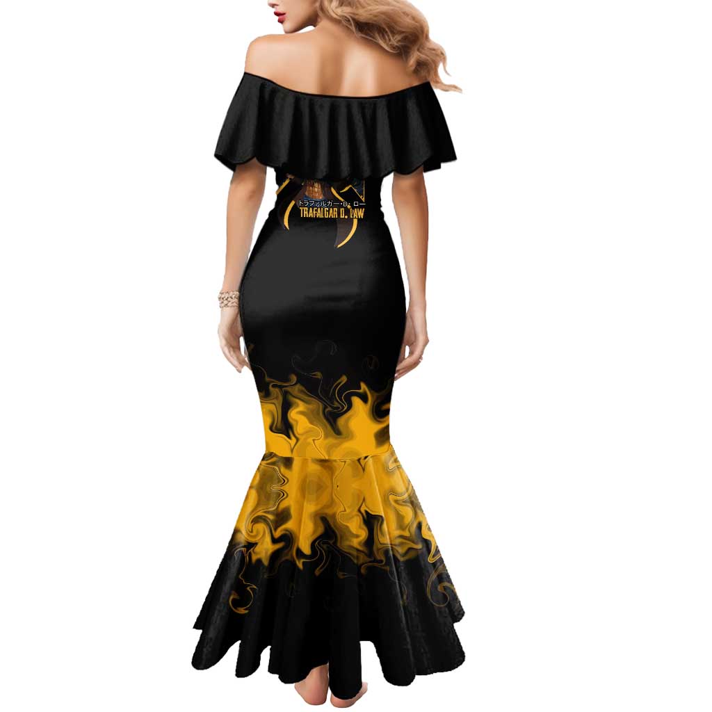 Trafalgar D. Law One Piece Black and Yellow Theme Mermaid Dress with Heart Pirates Symbol and Flame Pattern Design - The Mazicc