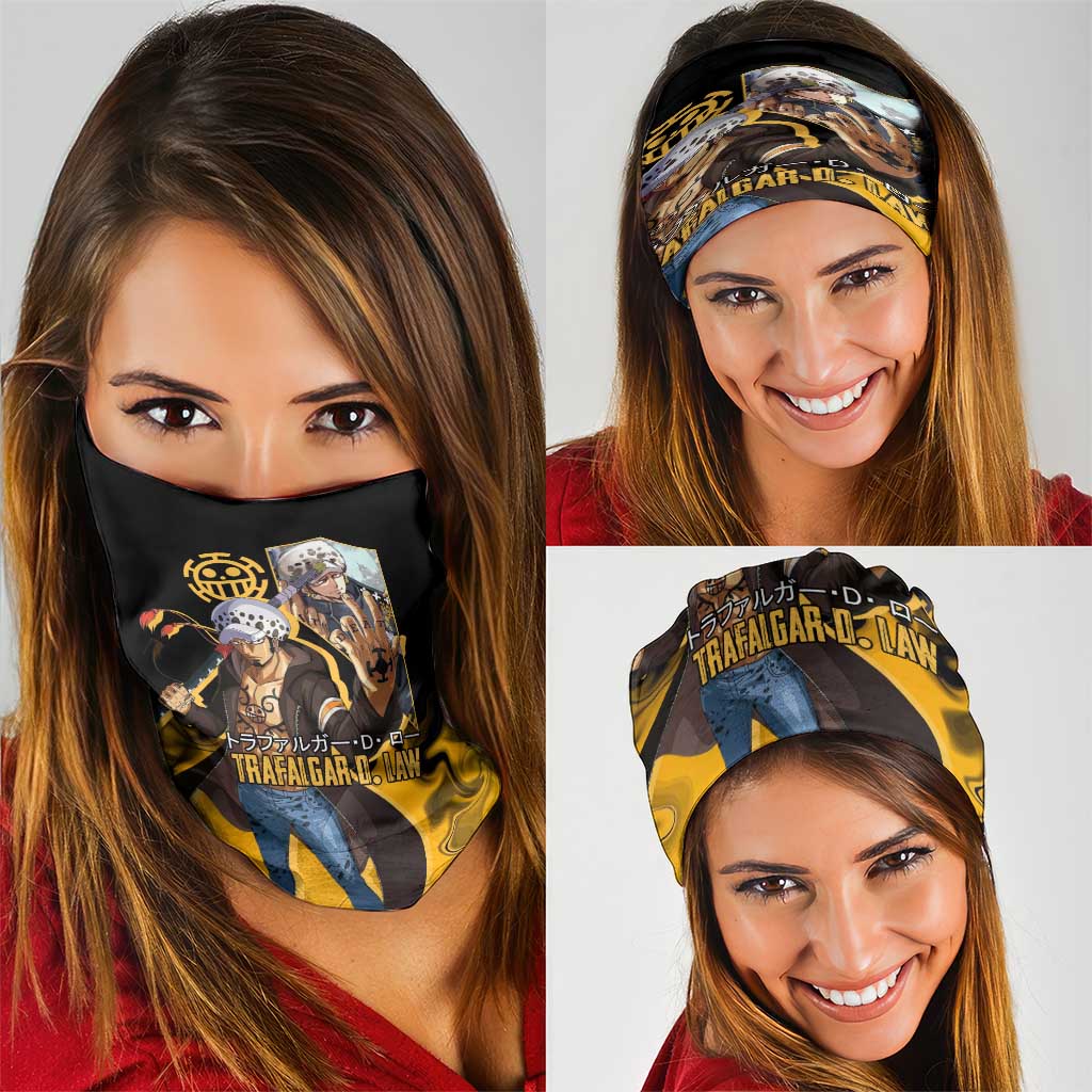 Trafalgar D. Law One Piece Black and Yellow Theme Neck Gaiter with Heart Pirates Symbol and Flame Pattern Design - The Mazicc