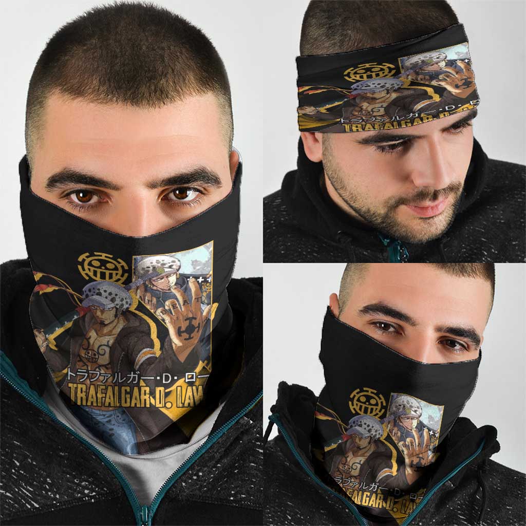 Trafalgar D. Law One Piece Black and Yellow Theme Neck Gaiter with Heart Pirates Symbol and Flame Pattern Design - The Mazicc