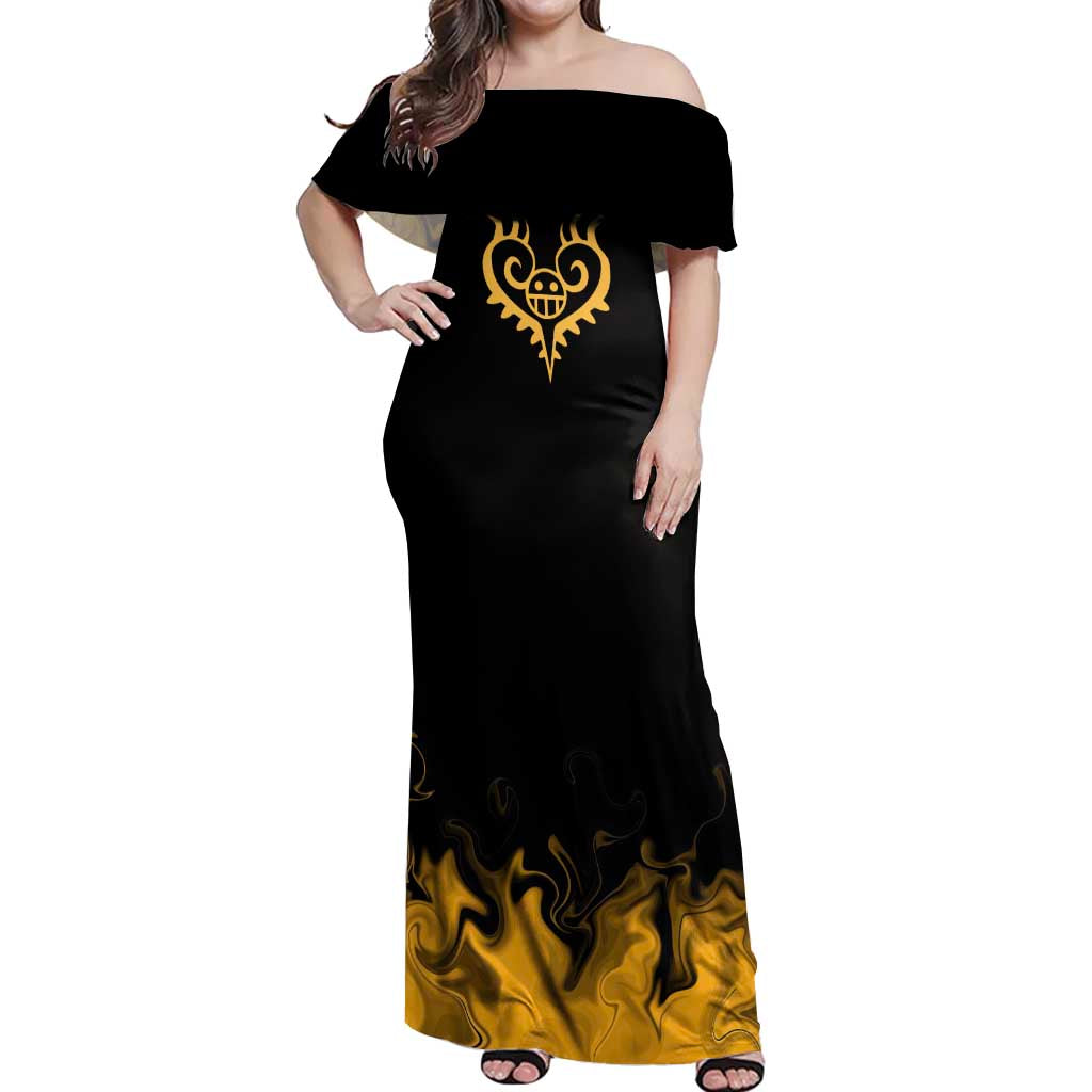 Trafalgar D. Law One Piece Black and Yellow Theme Off Shoulder Maxi Dress with Heart Pirates Symbol and Flame Pattern Design - The Mazicc