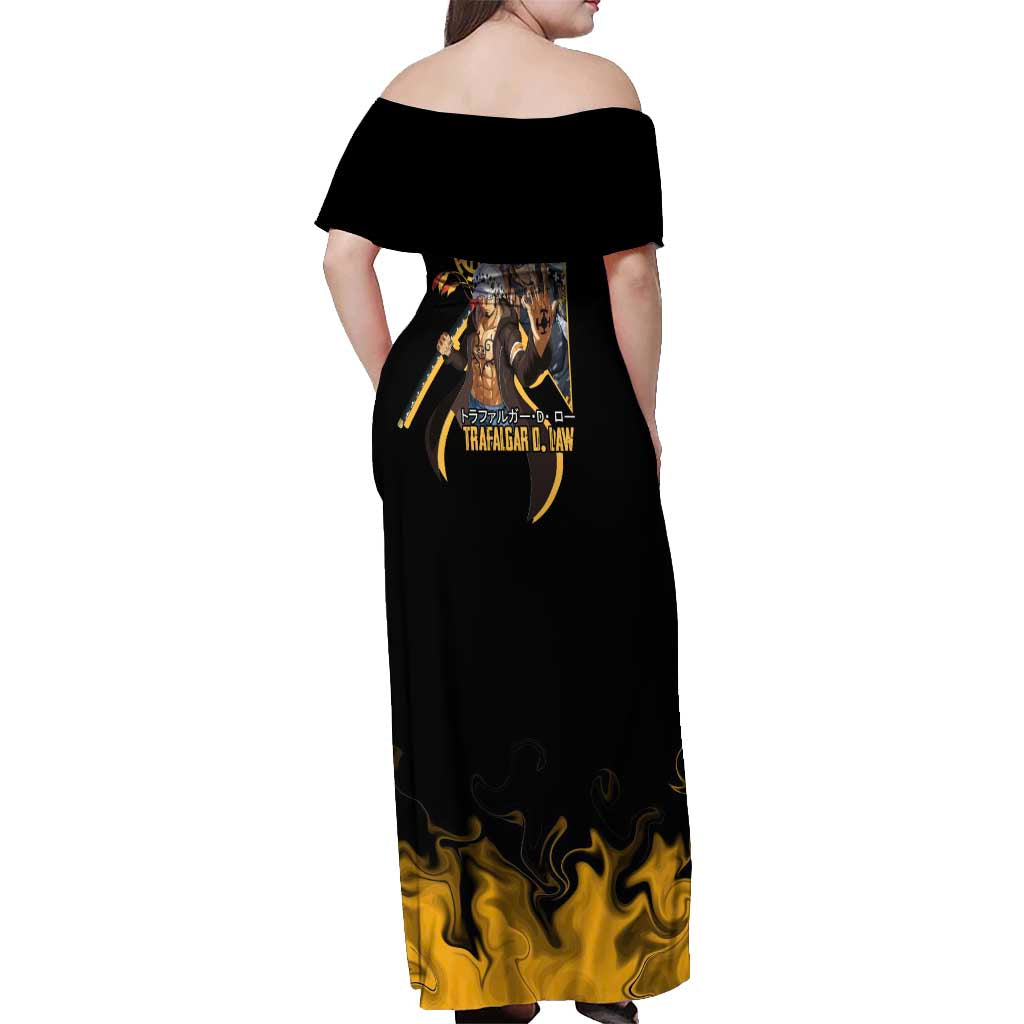 Trafalgar D. Law One Piece Black and Yellow Theme Off Shoulder Maxi Dress with Heart Pirates Symbol and Flame Pattern Design - The Mazicc