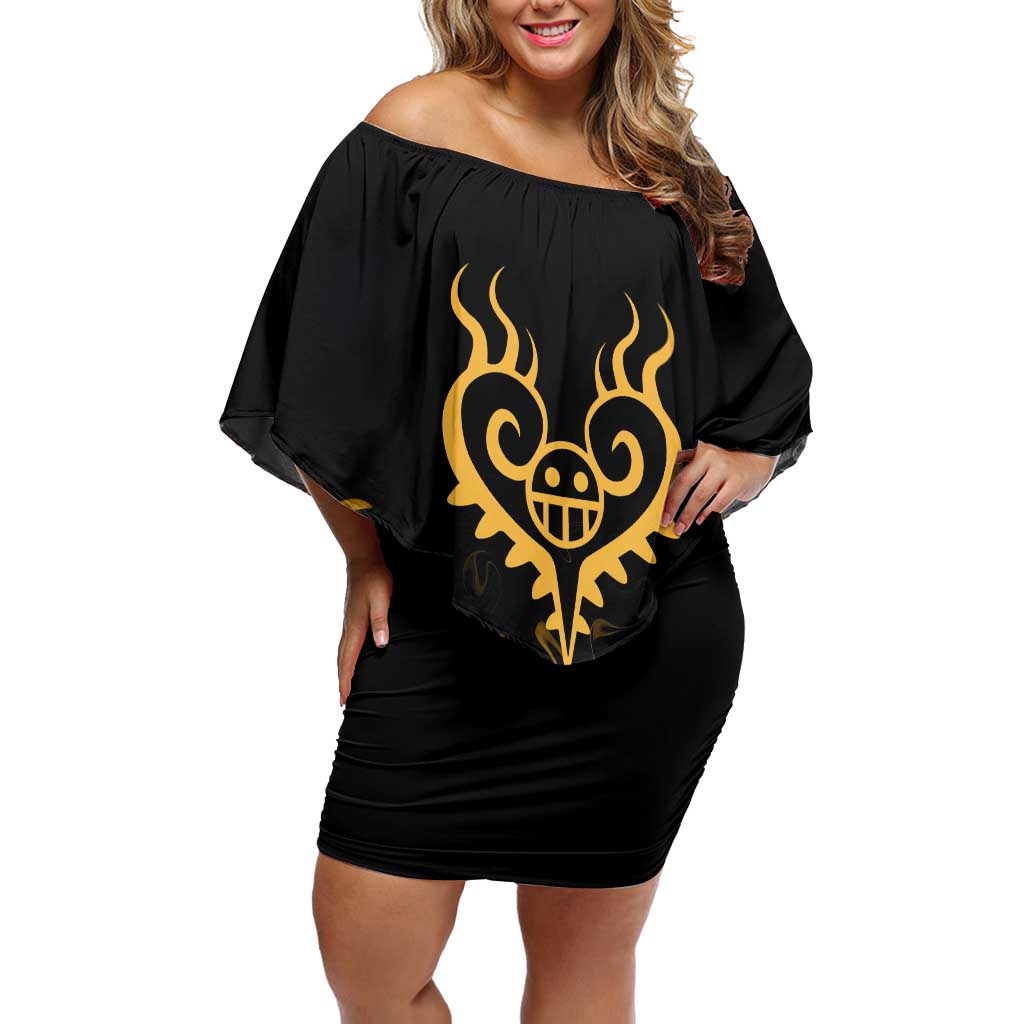 Trafalgar D. Law One Piece Black and Yellow Theme Off Shoulder Short Dress with Heart Pirates Symbol and Flame Pattern Design - The Mazicc
