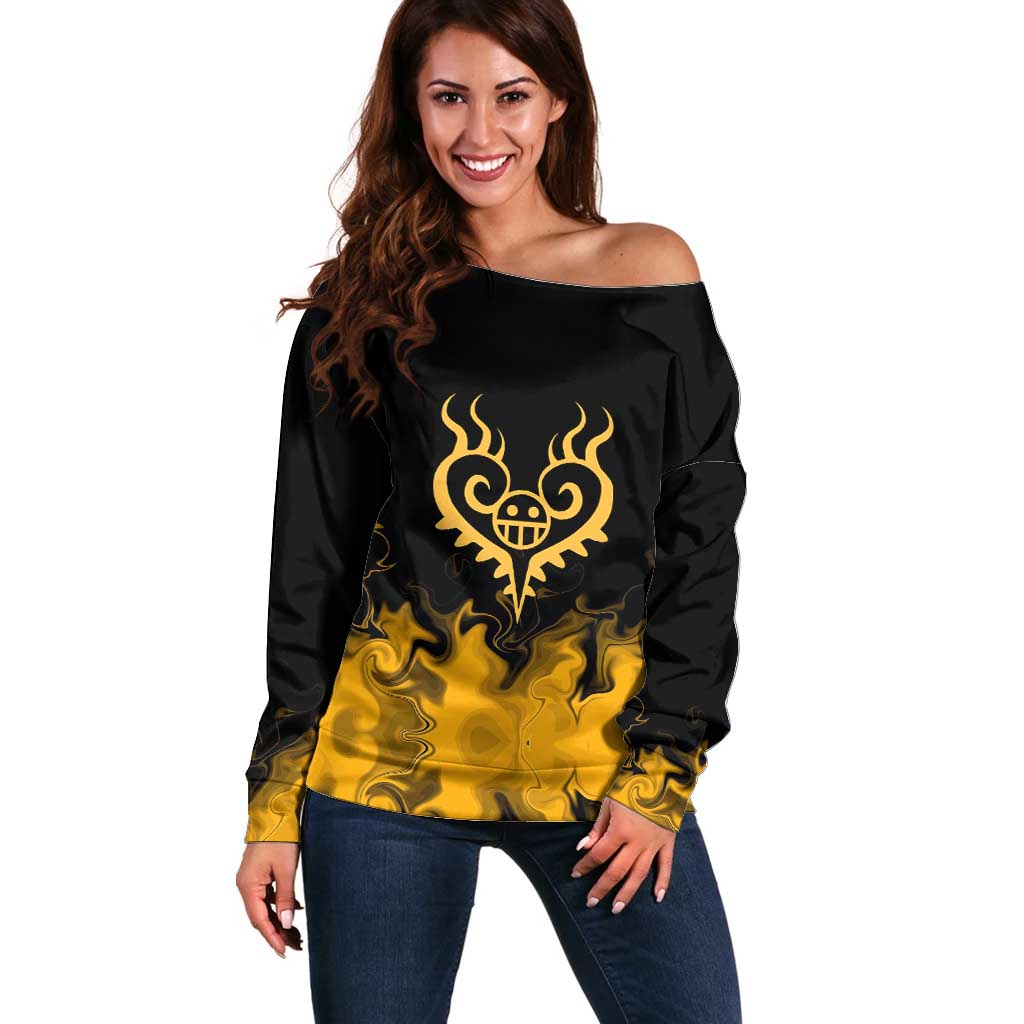 Trafalgar D. Law One Piece Black and Yellow Theme Off Shoulder Sweater with Heart Pirates Symbol and Flame Pattern Design - The Mazicc