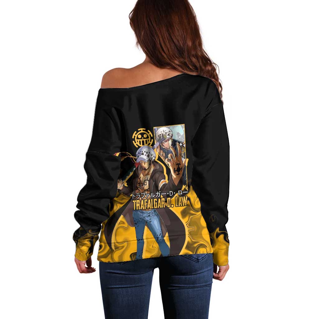 Trafalgar D. Law One Piece Black and Yellow Theme Off Shoulder Sweater with Heart Pirates Symbol and Flame Pattern Design - The Mazicc