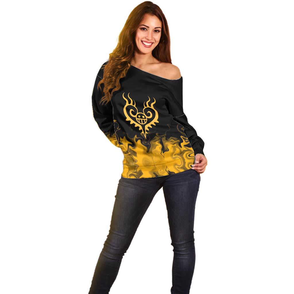 Trafalgar D. Law One Piece Black and Yellow Theme Off Shoulder Sweater with Heart Pirates Symbol and Flame Pattern Design - The Mazicc