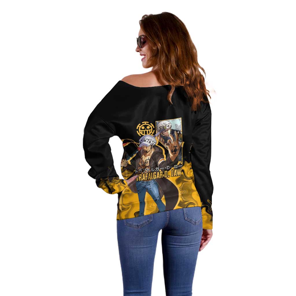 Trafalgar D. Law One Piece Black and Yellow Theme Off Shoulder Sweater with Heart Pirates Symbol and Flame Pattern Design - The Mazicc