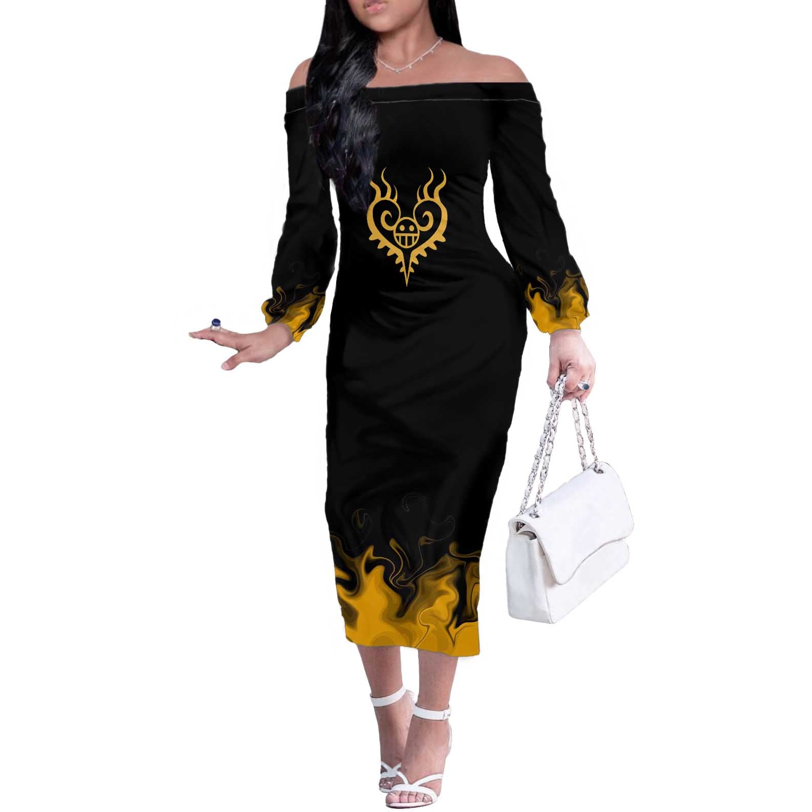 Trafalgar D. Law One Piece Black and Yellow Theme Off The Shoulder Long Sleeve Dress with Heart Pirates Symbol and Flame Pattern Design - The Mazicc