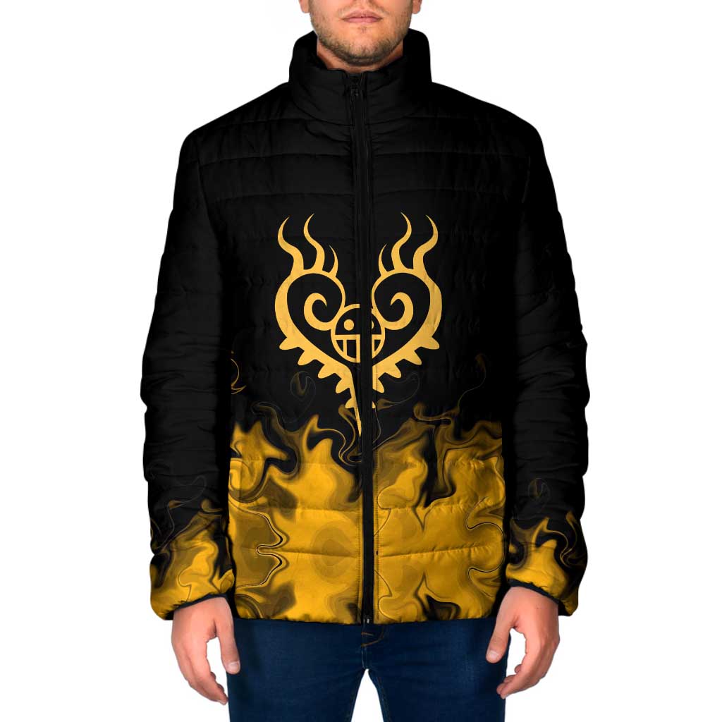 Trafalgar D. Law One Piece Black and Yellow Theme Padded Jacket with Heart Pirates Symbol and Flame Pattern Design - The Mazicc