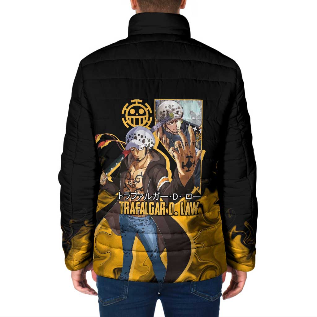 Trafalgar D. Law One Piece Black and Yellow Theme Padded Jacket with Heart Pirates Symbol and Flame Pattern Design - The Mazicc