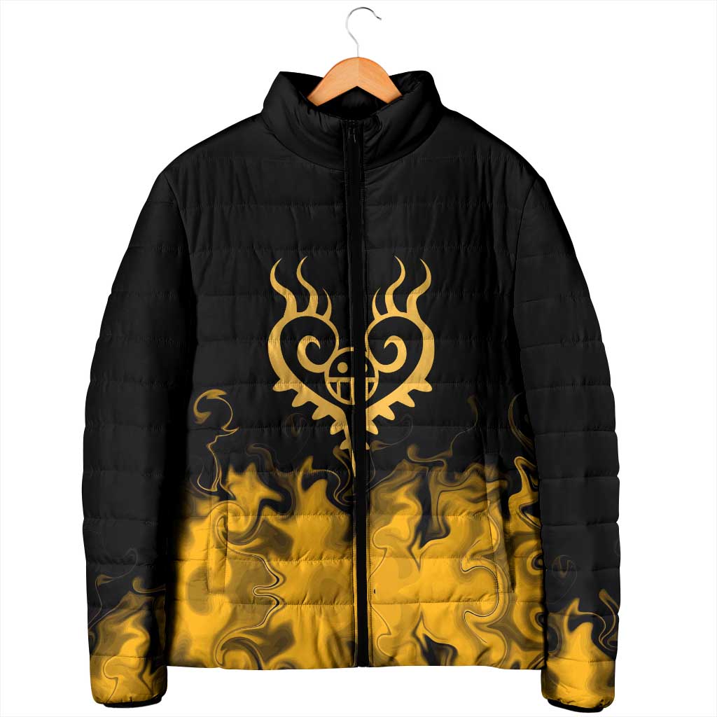Trafalgar D. Law One Piece Black and Yellow Theme Padded Jacket with Heart Pirates Symbol and Flame Pattern Design - The Mazicc