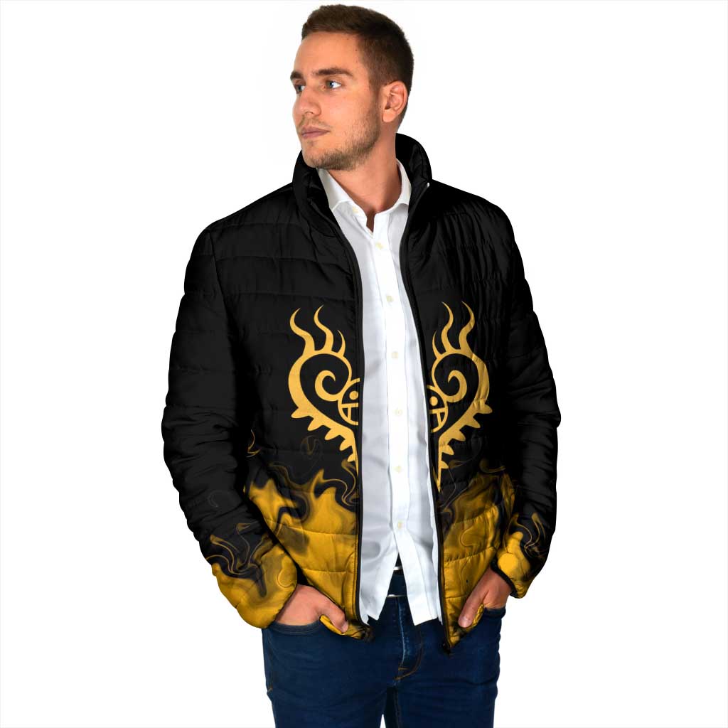 Trafalgar D. Law One Piece Black and Yellow Theme Padded Jacket with Heart Pirates Symbol and Flame Pattern Design - The Mazicc