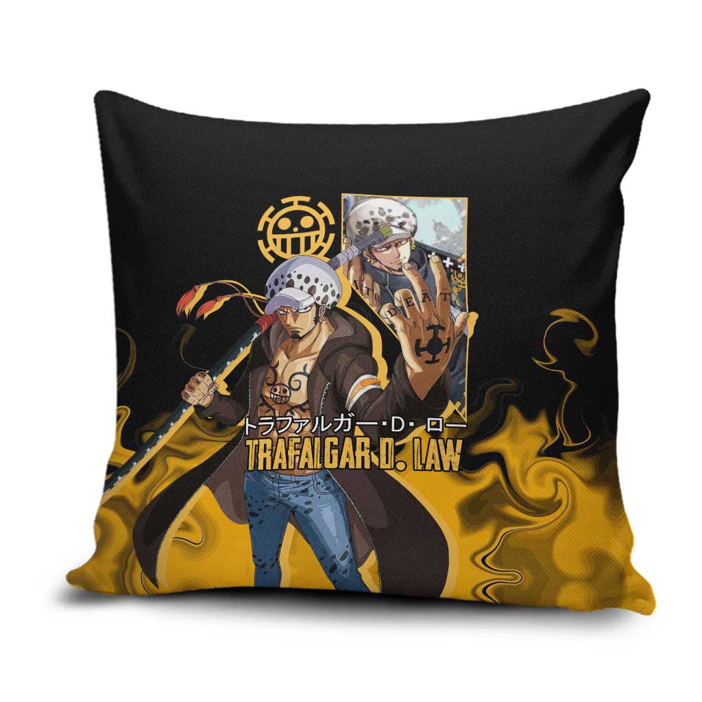 Trafalgar D. Law One Piece Black and Yellow Theme Pillow Cover with Heart Pirates Symbol and Flame Pattern Design - The Mazicc