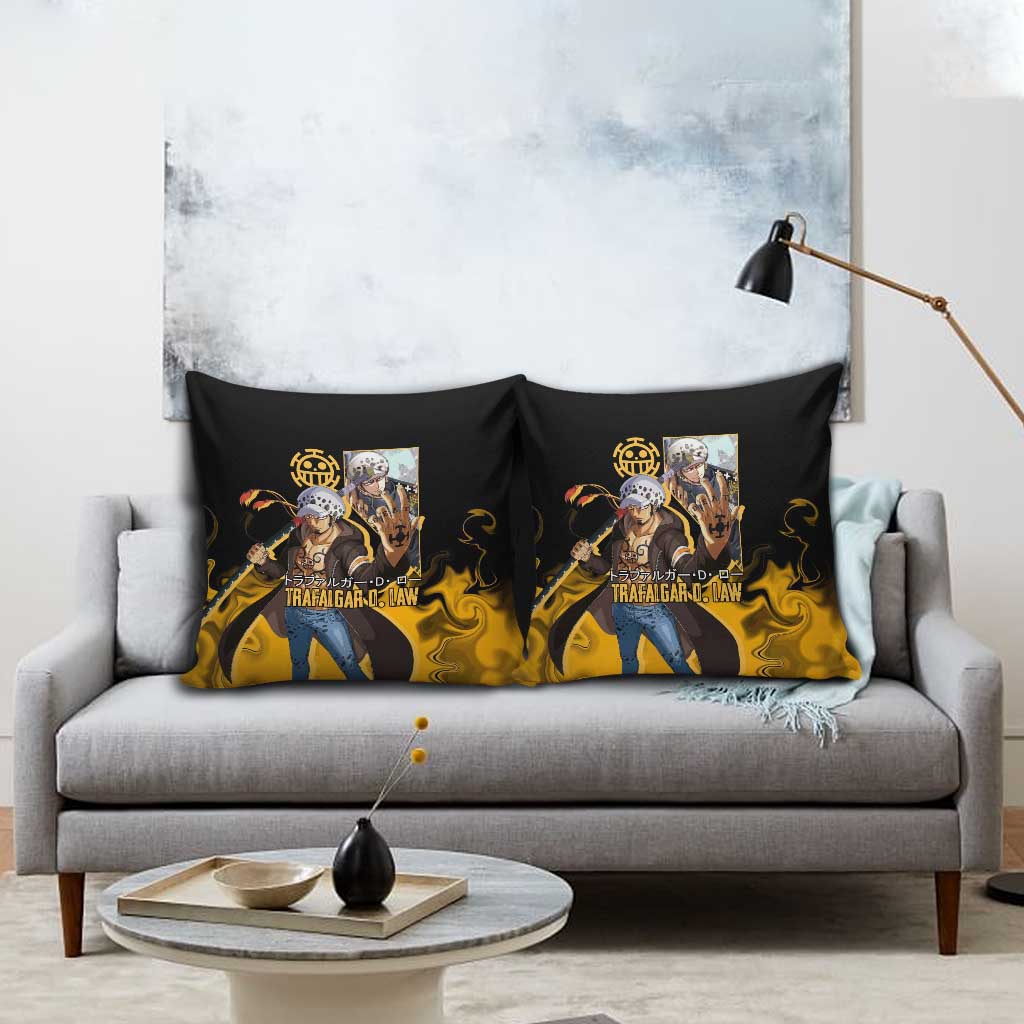 Trafalgar D. Law One Piece Black and Yellow Theme Pillow Cover with Heart Pirates Symbol and Flame Pattern Design - The Mazicc