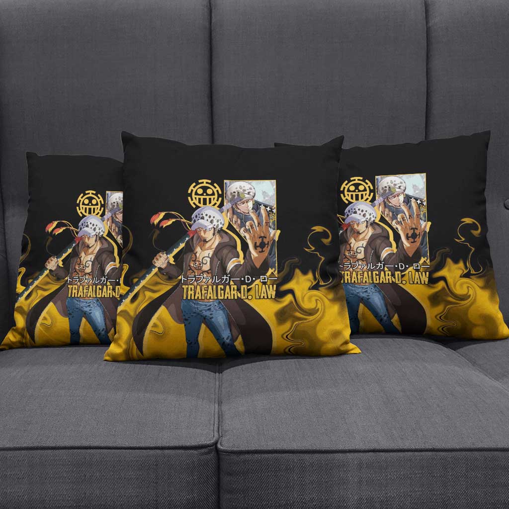 Trafalgar D. Law One Piece Black and Yellow Theme Pillow Cover with Heart Pirates Symbol and Flame Pattern Design - The Mazicc