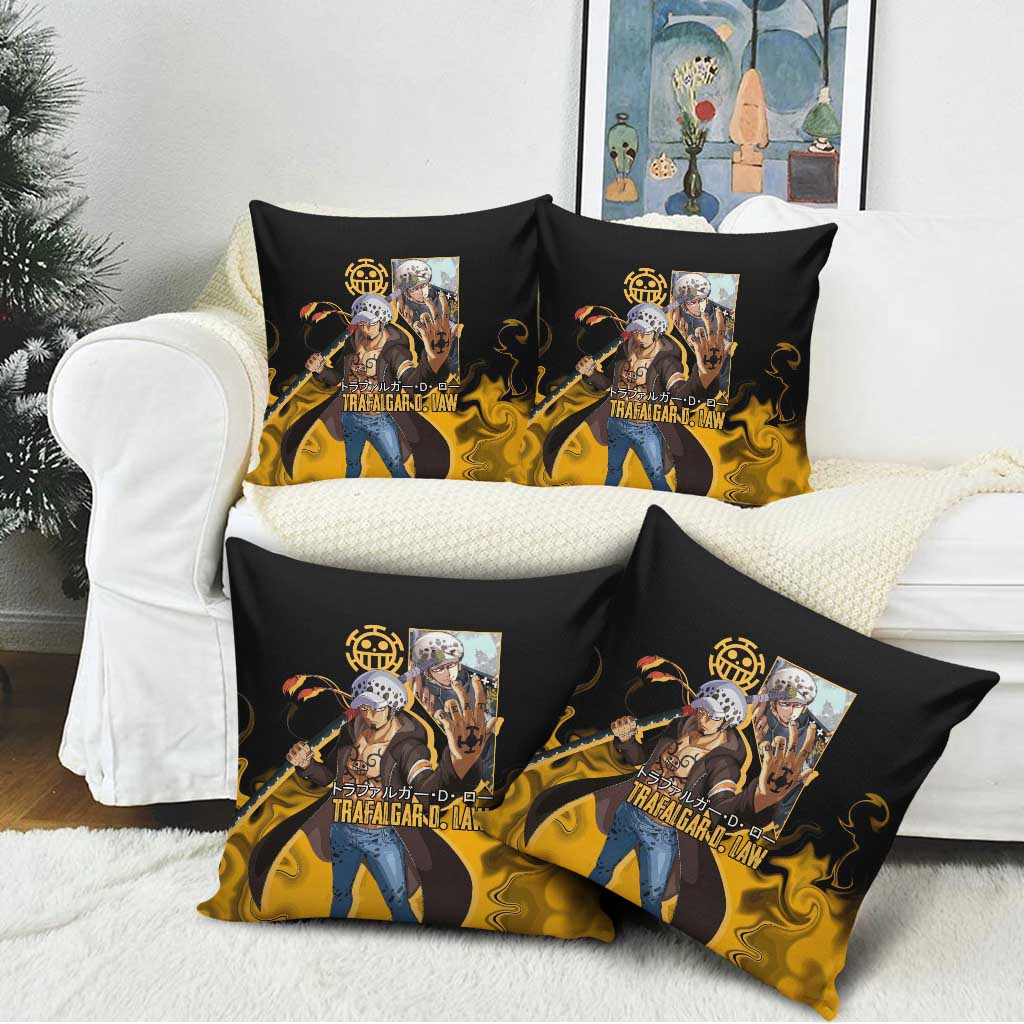 Trafalgar D. Law One Piece Black and Yellow Theme Pillow Cover with Heart Pirates Symbol and Flame Pattern Design - The Mazicc