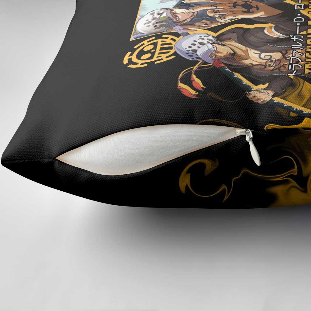 Trafalgar D. Law One Piece Black and Yellow Theme Pillow Cover with Heart Pirates Symbol and Flame Pattern Design - The Mazicc