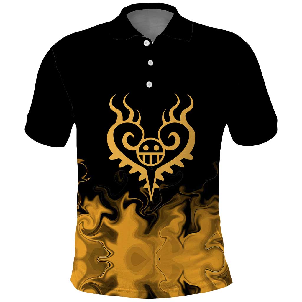 Trafalgar D. Law One Piece Black and Yellow Theme Polo Shirt with Heart Pirates Symbol and Flame Pattern Design - The Mazicc