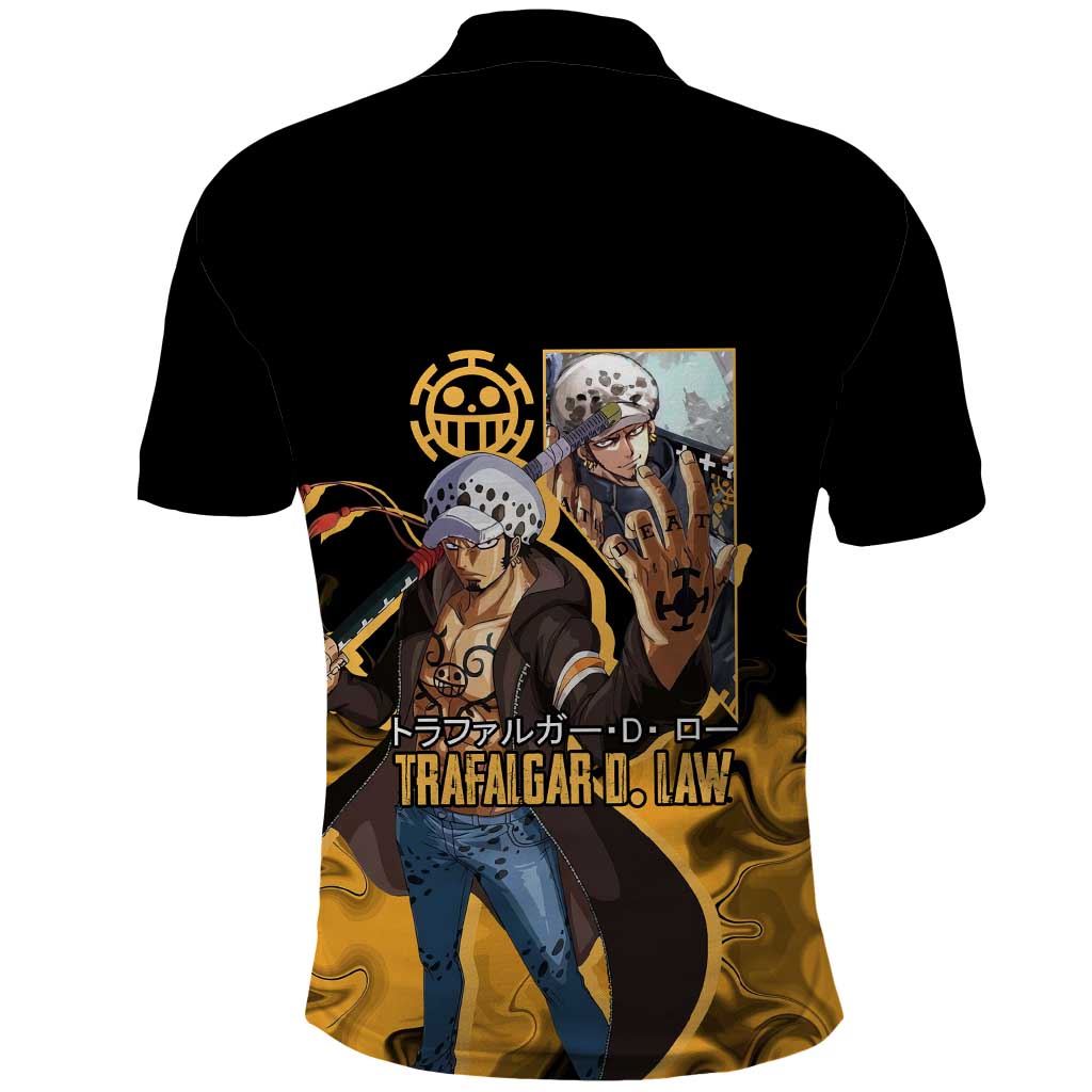 Trafalgar D. Law One Piece Black and Yellow Theme Polo Shirt with Heart Pirates Symbol and Flame Pattern Design - The Mazicc