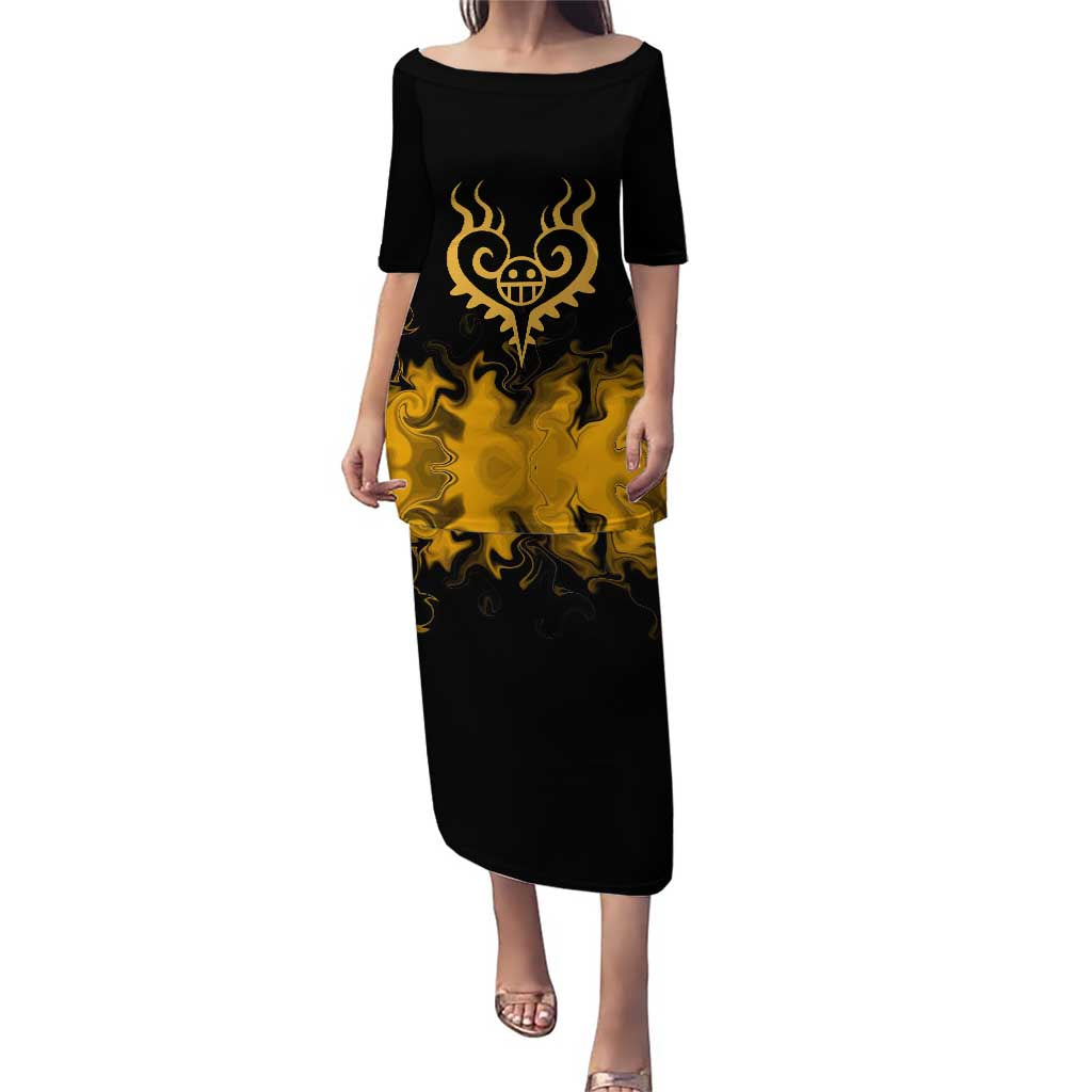 Trafalgar D. Law One Piece Black and Yellow Theme Puletasi with Heart Pirates Symbol and Flame Pattern Design - The Mazicc