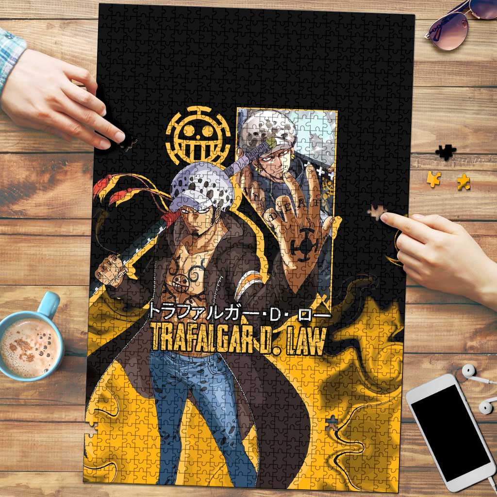 Trafalgar D. Law One Piece Black and Yellow Theme Puzzle with Heart Pirates Symbol and Flame Pattern Design - The Mazicc
