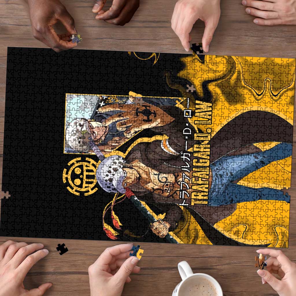 Trafalgar D. Law One Piece Black and Yellow Theme Puzzle with Heart Pirates Symbol and Flame Pattern Design - The Mazicc
