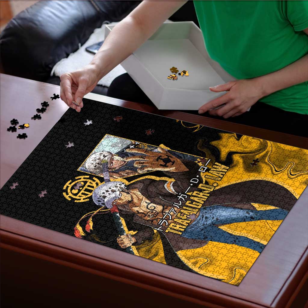Trafalgar D. Law One Piece Black and Yellow Theme Puzzle with Heart Pirates Symbol and Flame Pattern Design - The Mazicc