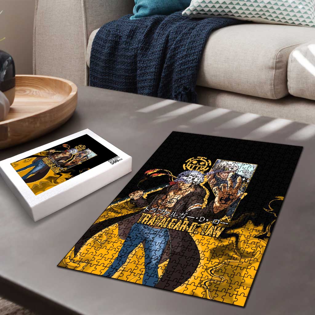 Trafalgar D. Law One Piece Black and Yellow Theme Puzzle with Heart Pirates Symbol and Flame Pattern Design - The Mazicc