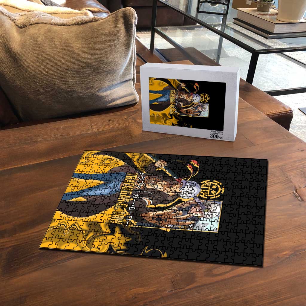Trafalgar D. Law One Piece Black and Yellow Theme Puzzle with Heart Pirates Symbol and Flame Pattern Design - The Mazicc