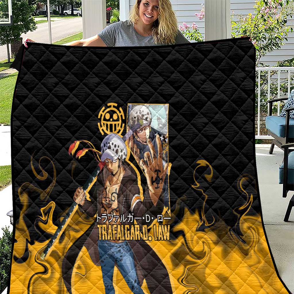 Trafalgar D. Law One Piece Black and Yellow Theme Quilt with Heart Pirates Symbol and Flame Pattern Design - The Mazicc