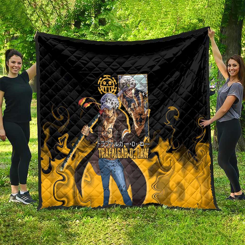 Trafalgar D. Law One Piece Black and Yellow Theme Quilt with Heart Pirates Symbol and Flame Pattern Design - The Mazicc