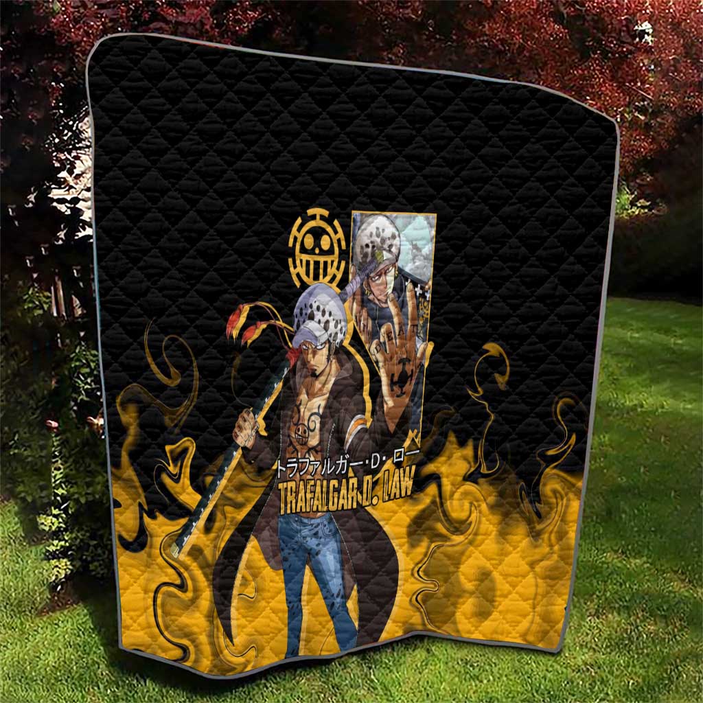Trafalgar D. Law One Piece Black and Yellow Theme Quilt with Heart Pirates Symbol and Flame Pattern Design - The Mazicc