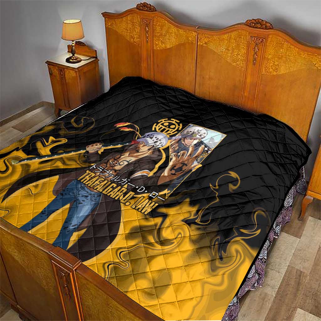 Trafalgar D. Law One Piece Black and Yellow Theme Quilt with Heart Pirates Symbol and Flame Pattern Design - The Mazicc