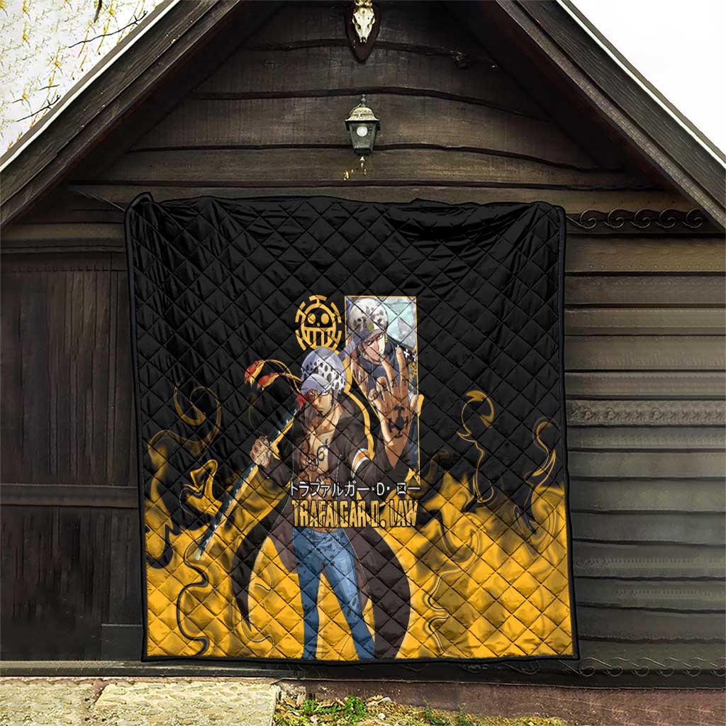 Trafalgar D. Law One Piece Black and Yellow Theme Quilt with Heart Pirates Symbol and Flame Pattern Design - The Mazicc