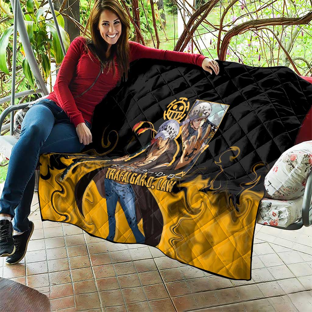 Trafalgar D. Law One Piece Black and Yellow Theme Quilt with Heart Pirates Symbol and Flame Pattern Design - The Mazicc