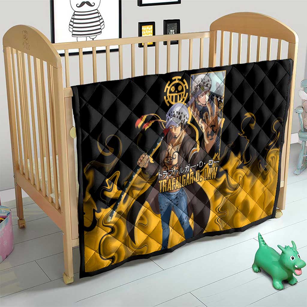 Trafalgar D. Law One Piece Black and Yellow Theme Quilt with Heart Pirates Symbol and Flame Pattern Design - The Mazicc