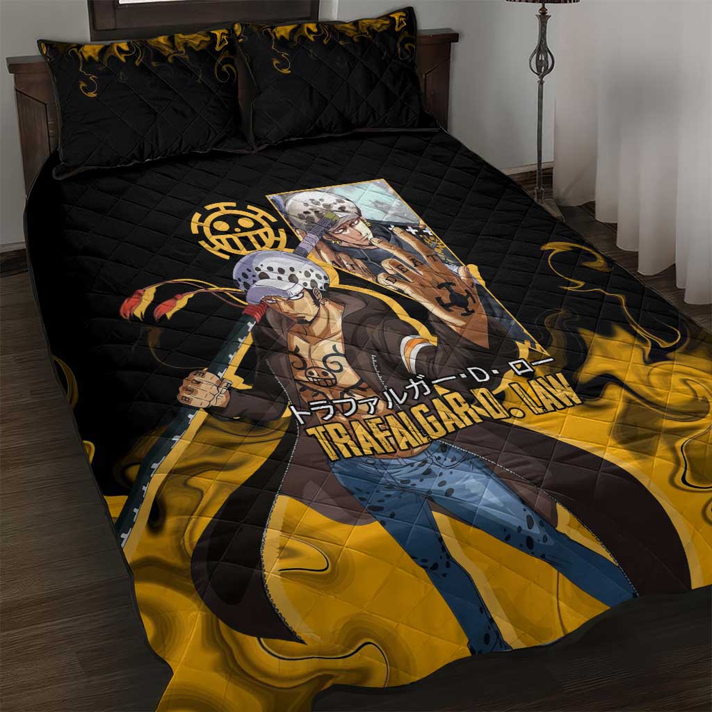 Trafalgar D. Law One Piece Black and Yellow Theme Quilt Bed Set with Heart Pirates Symbol and Flame Pattern Design - The Mazicc