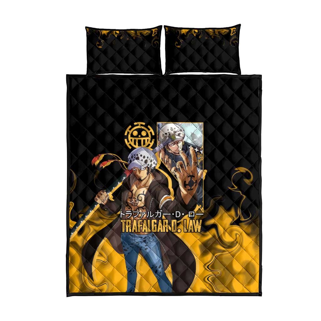 Trafalgar D. Law One Piece Black and Yellow Theme Quilt Bed Set with Heart Pirates Symbol and Flame Pattern Design - The Mazicc