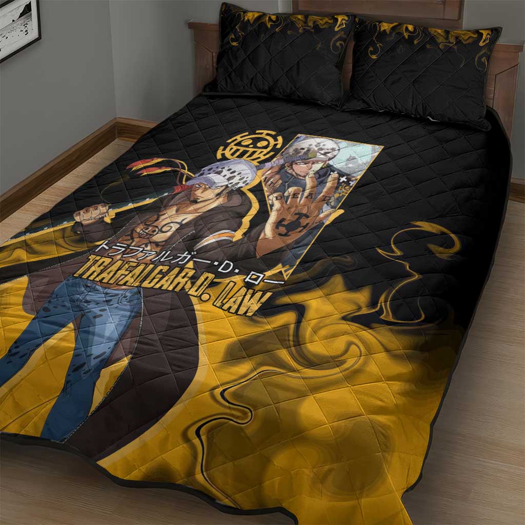 Trafalgar D. Law One Piece Black and Yellow Theme Quilt Bed Set with Heart Pirates Symbol and Flame Pattern Design - The Mazicc