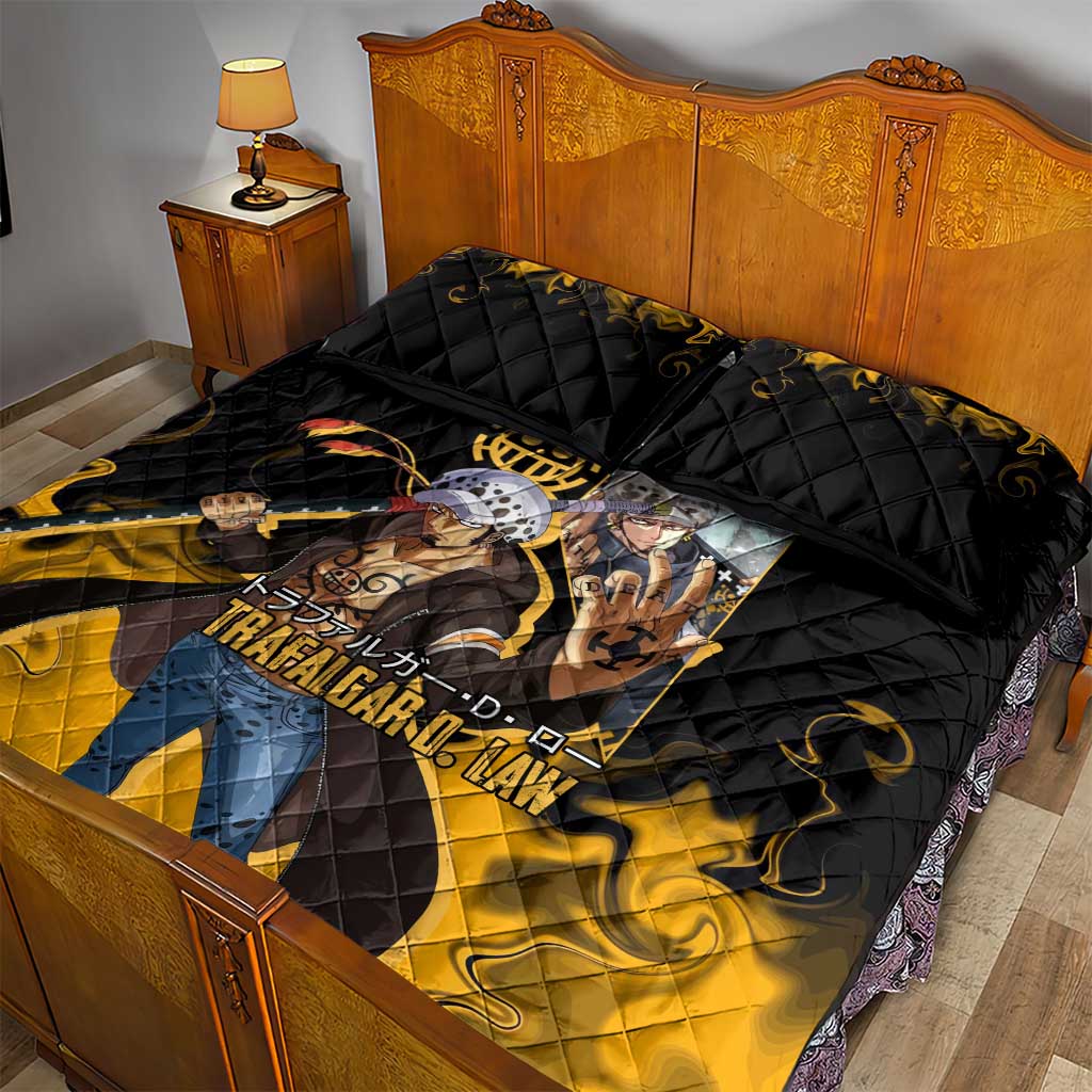 Trafalgar D. Law One Piece Black and Yellow Theme Quilt Bed Set with Heart Pirates Symbol and Flame Pattern Design - The Mazicc