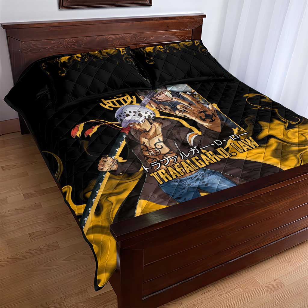 Trafalgar D. Law One Piece Black and Yellow Theme Quilt Bed Set with Heart Pirates Symbol and Flame Pattern Design - The Mazicc