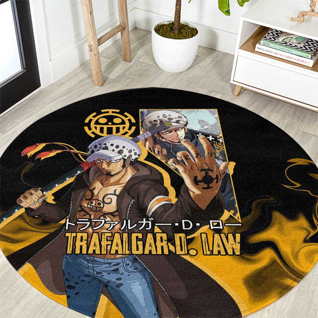 Trafalgar D. Law One Piece Black and Yellow Theme Round Carpet with Heart Pirates Symbol and Flame Pattern Design - The Mazicc