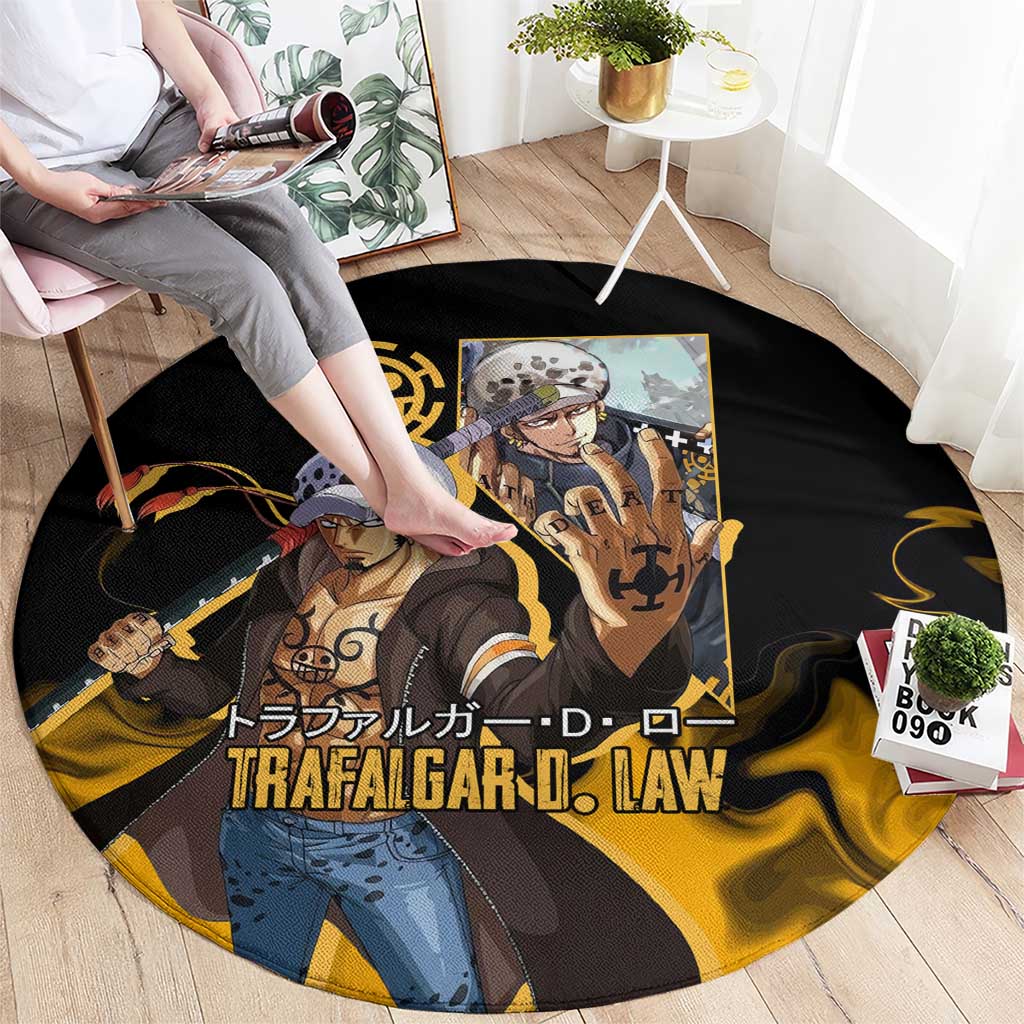 Trafalgar D. Law One Piece Black and Yellow Theme Round Carpet with Heart Pirates Symbol and Flame Pattern Design - The Mazicc