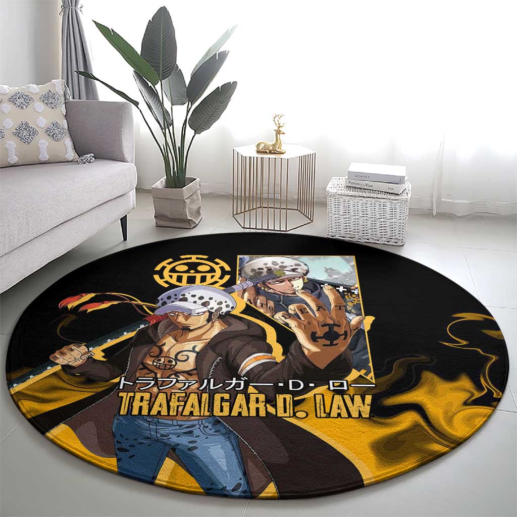 Trafalgar D. Law One Piece Black and Yellow Theme Round Carpet with Heart Pirates Symbol and Flame Pattern Design - The Mazicc
