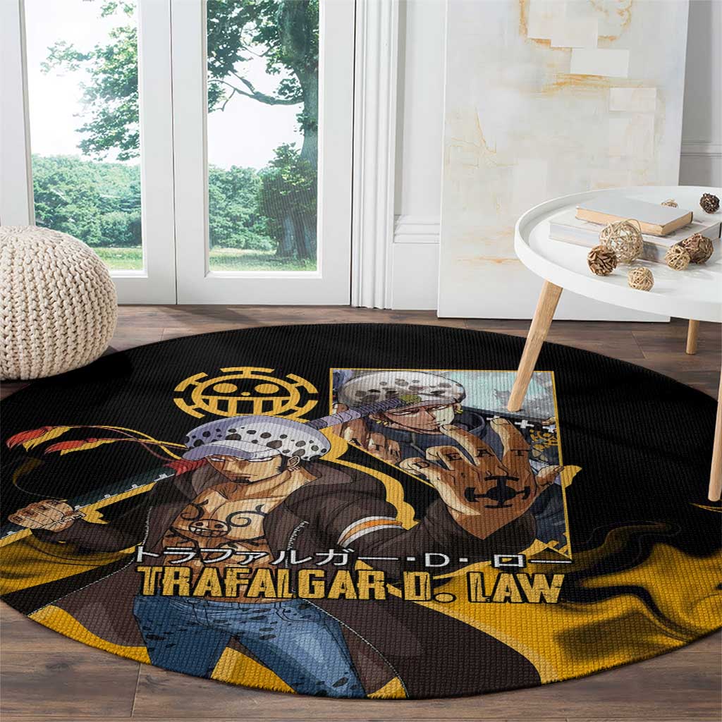 Trafalgar D. Law One Piece Black and Yellow Theme Round Carpet with Heart Pirates Symbol and Flame Pattern Design - The Mazicc