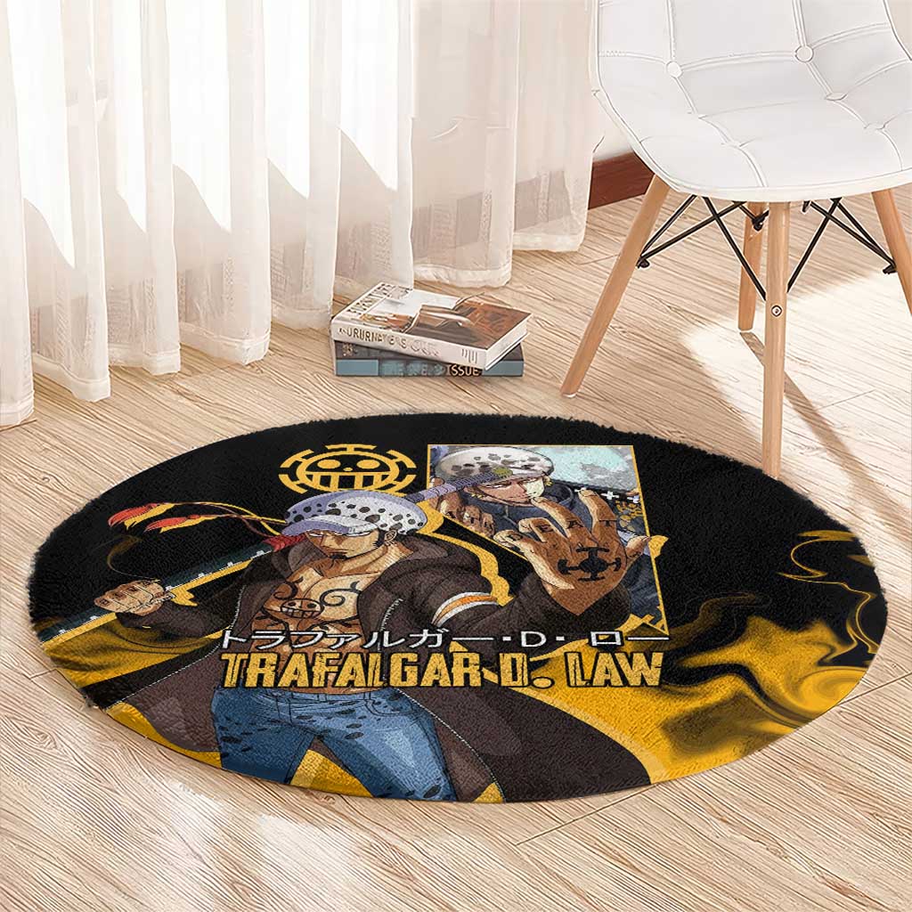 Trafalgar D. Law One Piece Black and Yellow Theme Round Carpet with Heart Pirates Symbol and Flame Pattern Design - The Mazicc