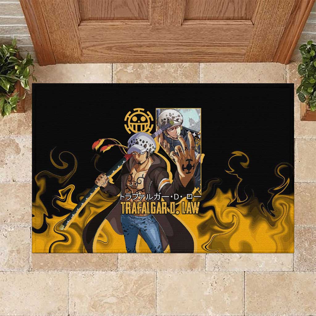 Trafalgar D. Law One Piece Black and Yellow Theme Rubber Doormat with Heart Pirates Symbol and Flame Pattern Design - The Mazicc